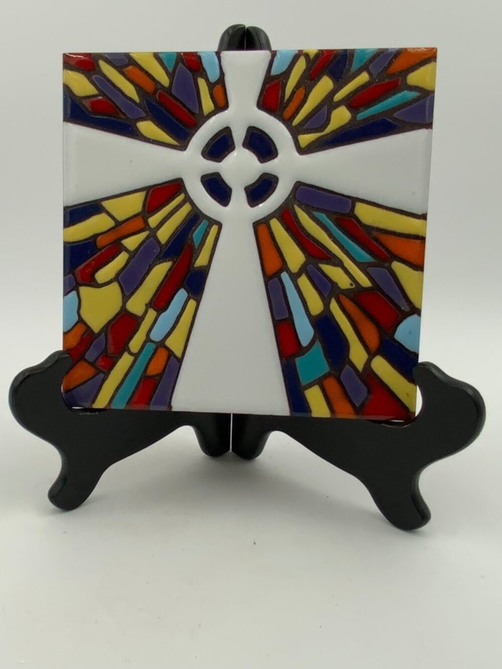 Vtg Earthtones Hand Glazed Colorful Mosaic Decorative Spiritual Cross Tile 6 X 6